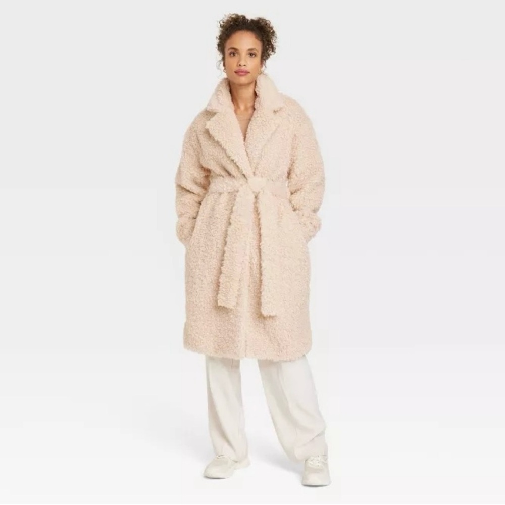 A New Day Women’s Oat Milk Faux Fur Belted Coat Size L NWOT